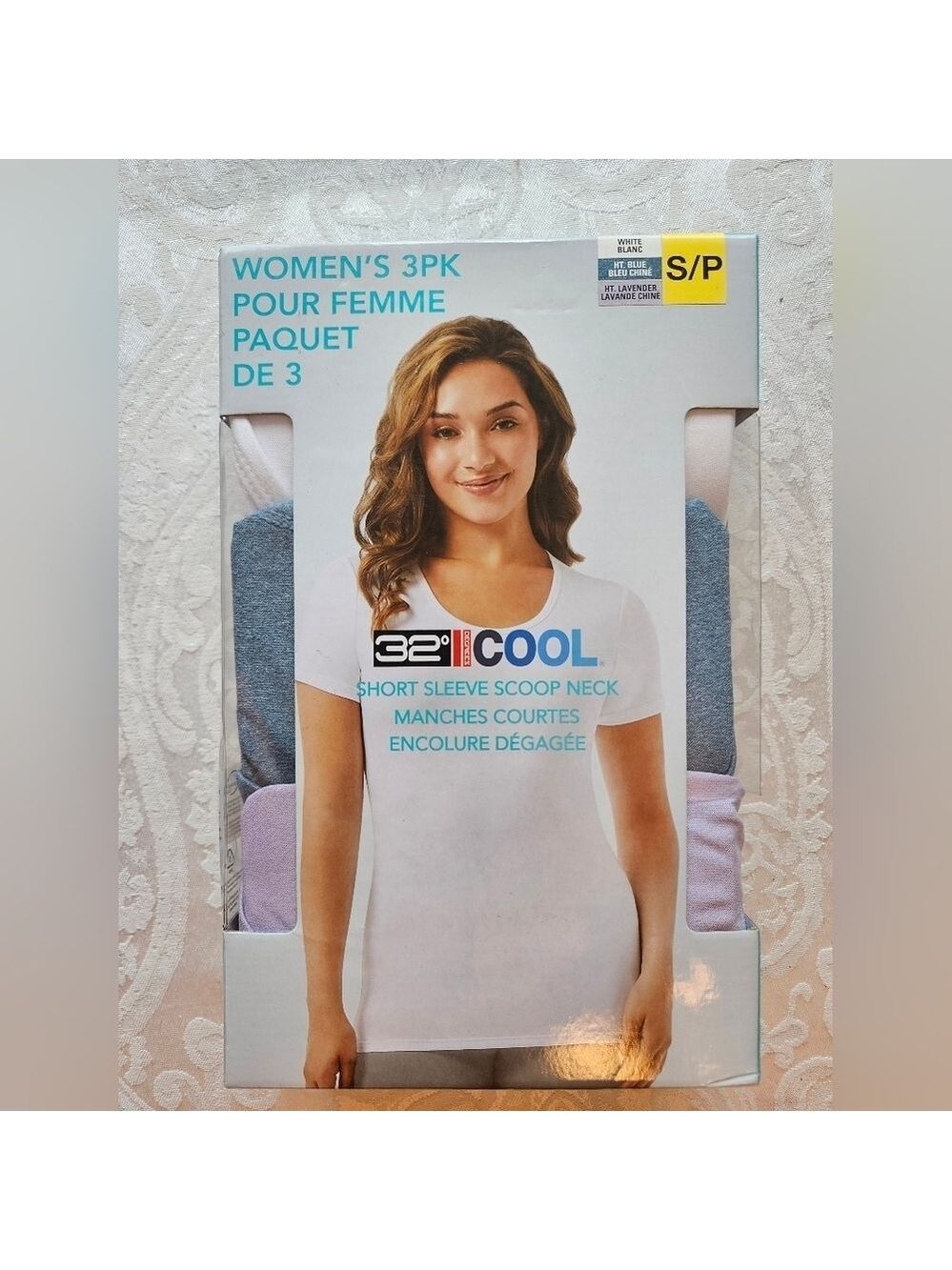32 Degrees Cool Quick Dry T-Shirt, White, Lavender and Blue, Small, New in Box